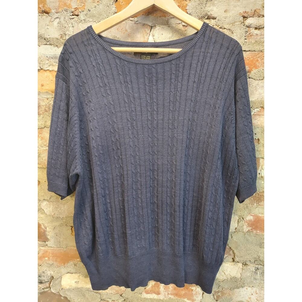 Yarnworks Pullover Sweater XL Navy Blue Cable Knit Short Sleeve Cotton Blend